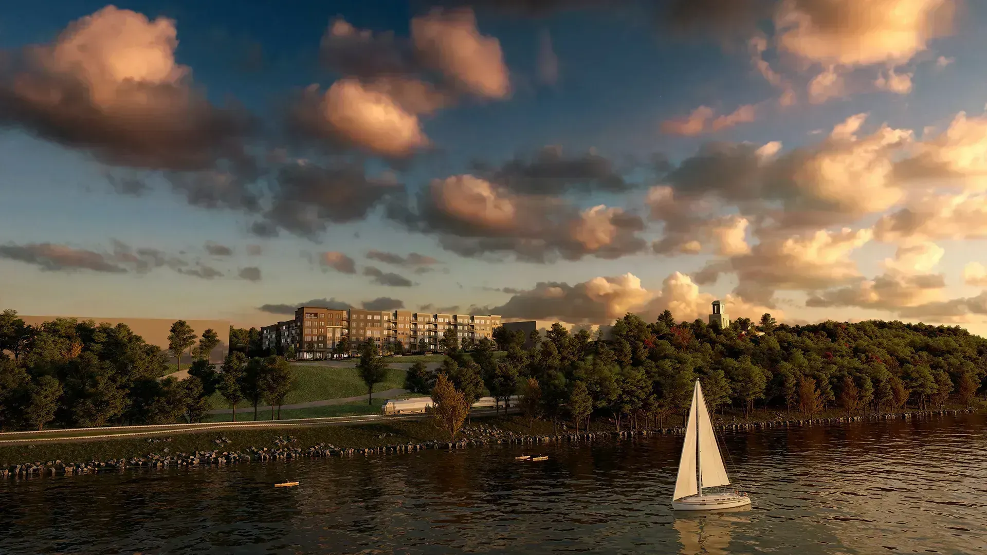 Waterline Apartment Residences building overlooking the Potomac River at sunset